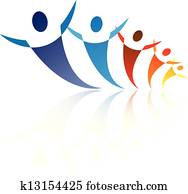 Colorful illustration of people together being positive and happy, The graphic represents symbols/icons of people as a community or friends or social network
