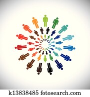 Colorful multi-ethnic people teams or communities meet as circles. This vector graphic can represent concept of teams interacting and collaborating with each other & also global social communities Colorful multi-ethnic people teams or communities meet as circles. This vector graphic can represent concept of teams interacting and collaborating with each other & also global social communities
