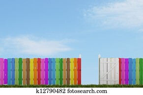 Colorful wooden fence with open gate Colorful wooden fence with open gate