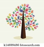colorido, solidaridad, impresiones de la mano, árbol
