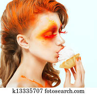 Coloring. Creativity. Profile of Red-haired Woman eating a Cake with Cream. Blush