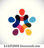 Concept of community unity, solidarity & friendship- vector graphic. This illustration can also represent colorful kids playing together holding hands together in circles or union of workers, etc