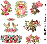 conjunto, de, decorativo, aves, con, flores, para, su, diseño
