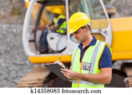 construção, gerente, escrita, relatório