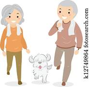 coppie maggiori, camminare, loro, cane, stickman