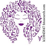 Cosmetic concept, female accessories on woman head for your design Cosmetic concept, female accessories on woman head for your design