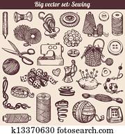 costura, y, costura, vector, conjunto