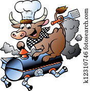 cozinheiro, vaca, montando, um, bbq, barril