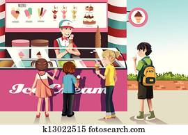 crianças, comprando, sorvete