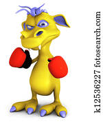 Cute cartoon monster wearing boxing gloves.