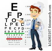 Cute men doctor - optometrist points to the table for testing visual acuity Cute men doctor - optometrist points to the table for testing visual acuity