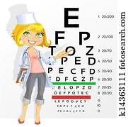 Cute woman doctor - optometrist points to the table for testing visual acuity Cute woman doctor - optometrist points to the table for testing visual acuity