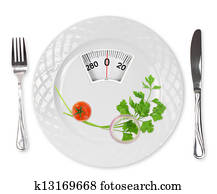 Diet meal. Cherry tomato, parsley and onion in a plate with weight scale