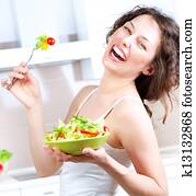 Diet., saudável, mulher jovem, comer, vegetal, salada