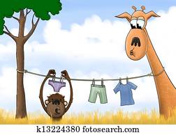 Digital painting of a monkey hanging his laundry from a line around a giraffe's neck.