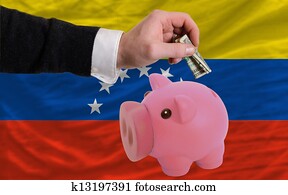 dollar into piggy rich bank and  national flag of venezuela   
