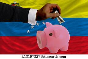 dollar into piggy rich bank and  national flag of venezuela   