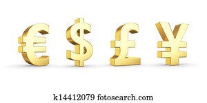 dourado, símbolos moeda corrente, isolado, branco, com, caminho cortante