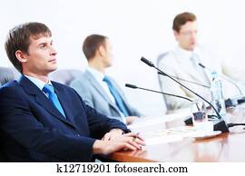 drei, businesspeople, an, versammlung