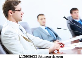 drei, businesspeople, an, versammlung