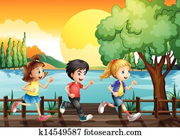 drei, kinder, laufende, an, dass, hafen