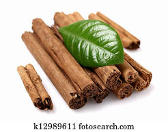 Dried bark of cinnamon with leaf