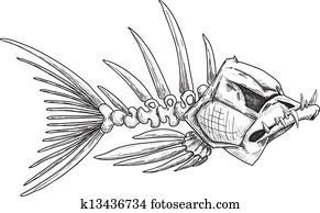 esboço, de, mal, esqueleto, peixe, com, dentes afiados