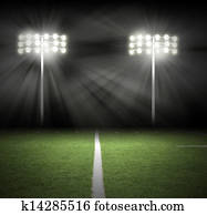 estádio, jogo, noturna, luzes, ligado, pretas