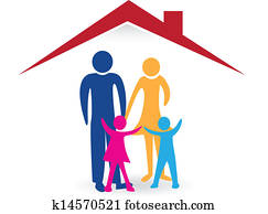 familia feliz, con, casa nueva, logotipo