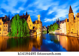 Famous view of Bruges at night