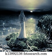 Fantasy magic world. Pixie and sunset Fantasy magic world. Pixie and sunset