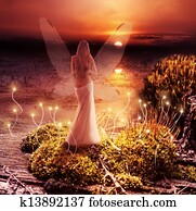 Fantasy magic world. Pixie and sunset Fantasy magic world. Pixie and sunset