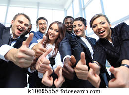 feliz, multi-ethnic, equipo negocio, con, pulgares arriba, en, la oficina