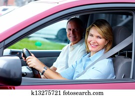 feliz, pareja mayor, en, el, coche.