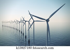 fila, de, flutuante, turbinas vento, durante, nebuloso, day.