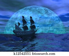 Flying dutchman boat by night - 3D render Flying dutchman boat by night - 3D render