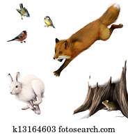 Fox is hunting a rabbit, little mouse in the stump hole, bullfinch and tit. Fox is hunting a rabbit, little mouse in the stump hole, bullfinch and tit.