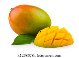 Fresh mango fruit with cut and green leafs isolated Fresh mango fruit with cut and green leafs isolated