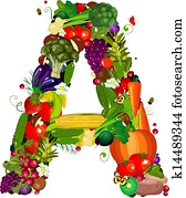 Fresh vegetables and fruits letter A