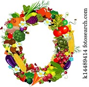 Fresh vegetables and fruits letter O