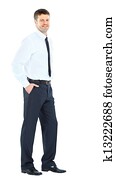 Full body portrait of happy smiling young business man, isolated on white background