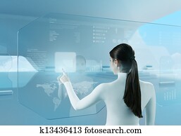 Future technology. Girl press button touchscreen interface. Future technology. Girl press button touchscreen interface.