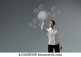 Future technology. Girl press button touchscreen interface. Future technology. Girl press button touchscreen interface.