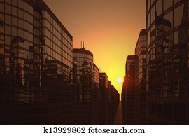 geschaefts, wolkenkratzer, während, sonnenuntergang