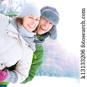 glad par, har moro, outdoors., snow., vinter ferie