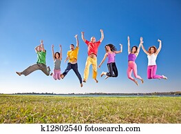 glad smiling, gruppe, av, hopper, folk