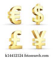 Golden currency symbols isolated on white with clipping path