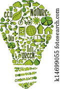 Green light bulb with environmental icons
