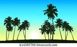 group of coconut trees on sunrise background