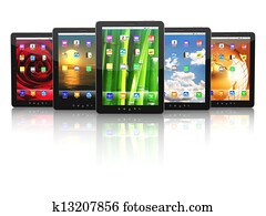 Group of digital tablet pc with different screen backgrounds.